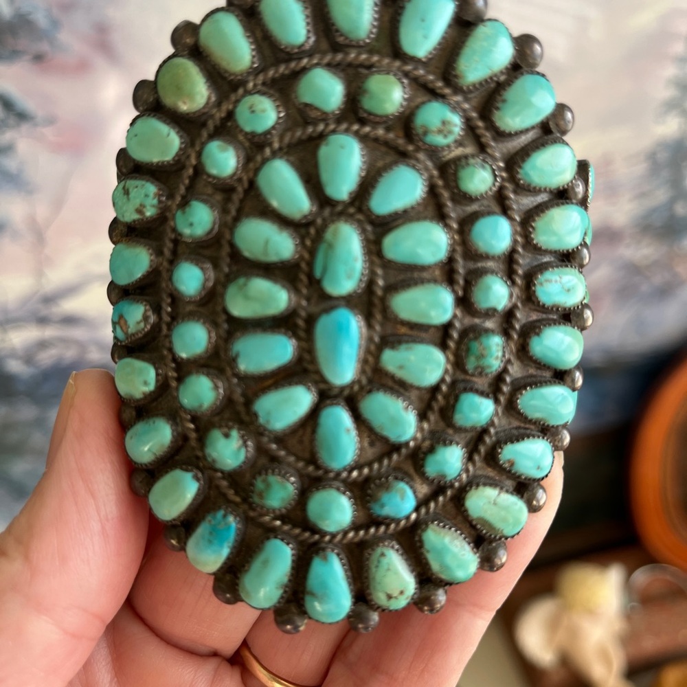 Rare Turquoise Oval Cuff Bracelet -  73 Blue Green Stones - Picture 7 of 17